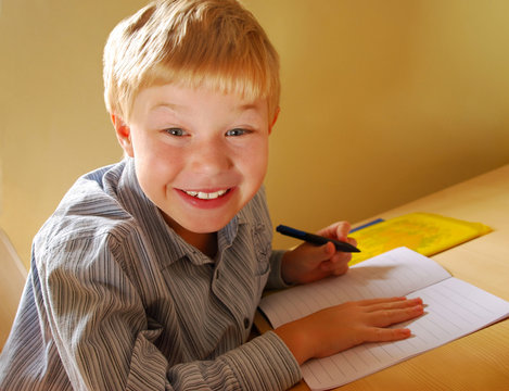 Smiling boy doing his homework