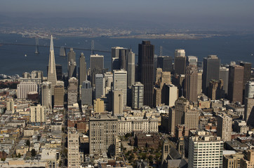 Aerial view of downtown San Francisco and Bay Bridge