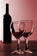A bottle of red wine and 2 glasses shot under low lighting