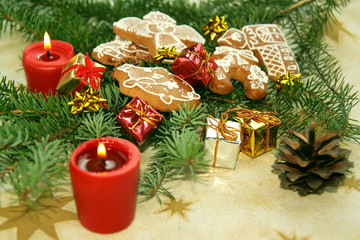 Christmas still life with  candlelight and gingerbread