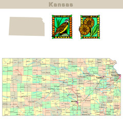Fototapeta na wymiar USA states series: Kansas. Political map with counties