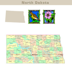 USA states series: North Dakota. Political map with counties