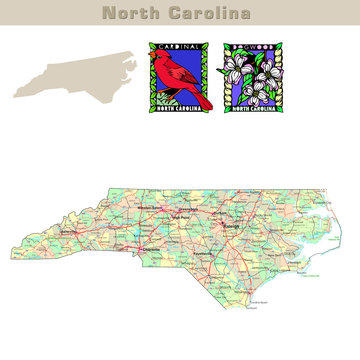 USA states series: North Carolina. Political map with counties
