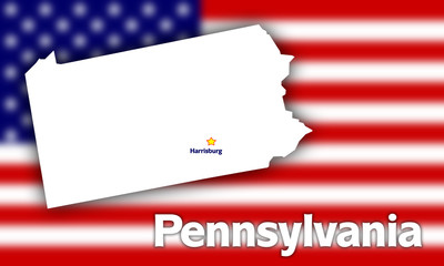 Pennsylvania state contour against blurred USA flag