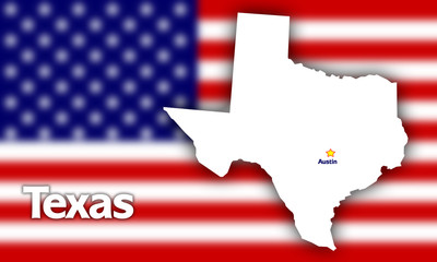 Texas state contour with Capital City against blurred USA flag