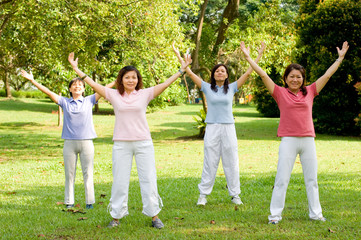 A group of asian ladies exercising in the park