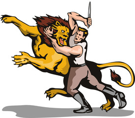 Fototapeta premium Man fighting with a lion