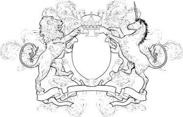 Fototapeta na wymiar Monochrome Lion and Unicorn Coat of Arms