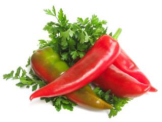 Red pepper with greens on white background