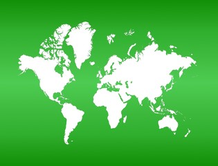 Detailed white map of the world on green gradient background