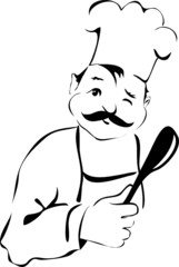Funny cook with spoon winking. Vector artistic illustration