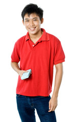 holding a games console