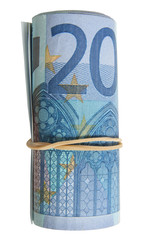 A roll of 20 Euro notes with an elastic band wrapped around.