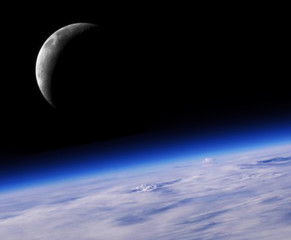 Blue Planet Earth And Crescent Moon