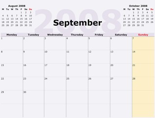 Monday to Sunday monthly calendar, 2008 Year