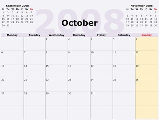 Monday to Sunday monthly calendar, 2008 Year