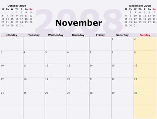 Monday to Sunday monthly calendar, 2008 Year