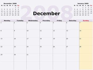 Monday to Sunday monthly calendar, 2008 Year
