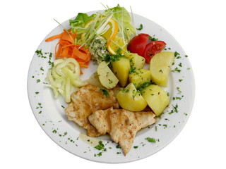 chicken steak with boiled potatoes and vegetables 