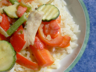 Tellerausschnitt mit Reis, Gemüse und Fleisch
