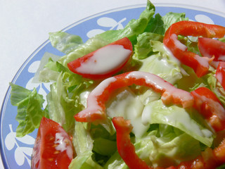 Blauer Glasteller, grüner Salat mit roter Paprika und Tomaten