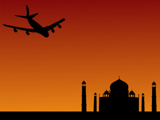Fototapeta na wymiar plane arriving at Taj Mahal India