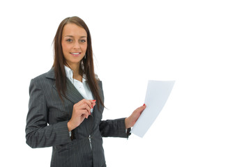 Business woman keeps sheet  on white background