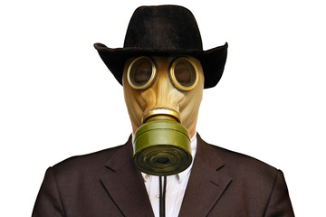 Businessman in gas mask. Isolated on white.          