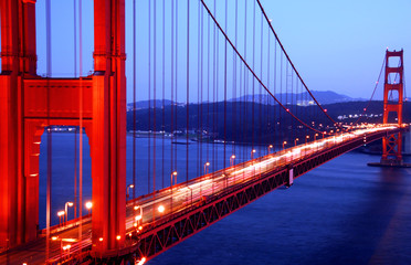 Golden Gate Bridge, San Francisco California, traffic through suspension bridge at night
