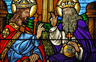Stained glass of Jesus at the right hand of God 