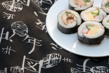 right aligned sushi rolls on plate with black kimono background