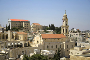 Fototapeta na wymiar Wieża kościoła Betlejem, na Zachodnim Brzegu, Palestyna, Izrael