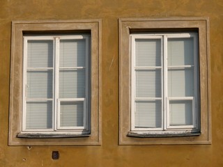 Close up of two windows with white shutters