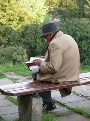 elderly man sitting on a park bench reading a book