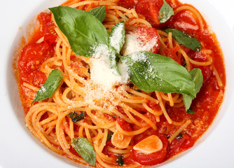 Freshly cooked plate of spaghetti with tomato sauce and oregano