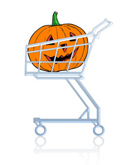Halloween shopping: a pumpkin in a shopping cart. Isolated