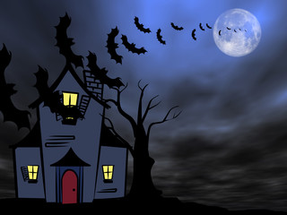 Halloween theme: Bats flying over the old house