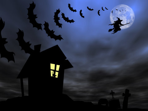Halloween theme: Witch and bats are flying