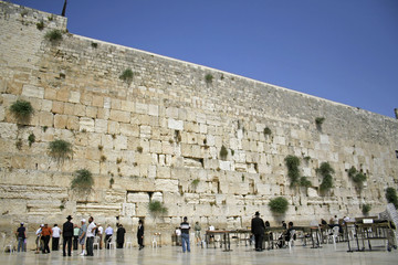 Hasidic jews at the wailing western wall, jerusalem, israel