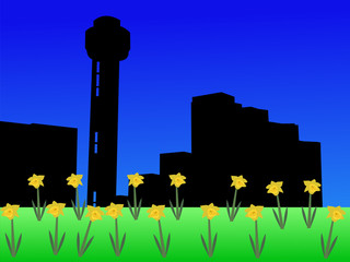 Reunion tower Dallas in spring with daffodils