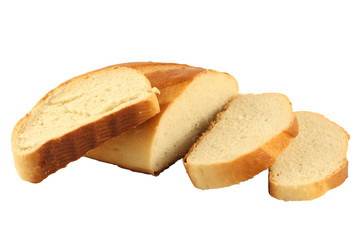 The cut long loaf on a white background.