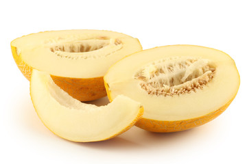 Two half of melon and a piece of a melon on a white background.