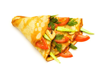 Pancake with cucumbers and tomatoes isolated on white