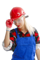female construction worker in dungarees