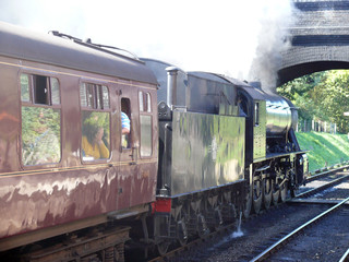 Steam railway locomotive in motion and passing under a bridge