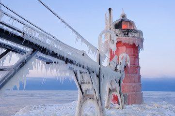 South Haven Lighthouse Winter - obrazy, fototapety, plakaty