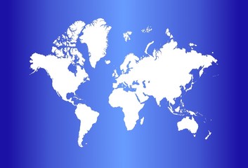 Detailed white world map on blue gradient background