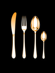 gold knife, fork, spoon, tea-spoon  