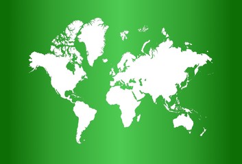 Detailed white world map on green background