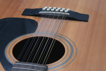  guitar closeup of soundhole and bridge looking down